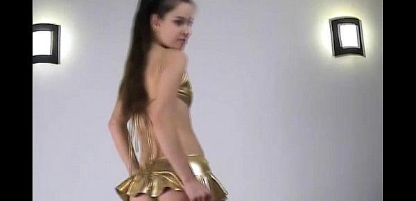  Tiny 18yo Michaela in shiny gold latex lingerie